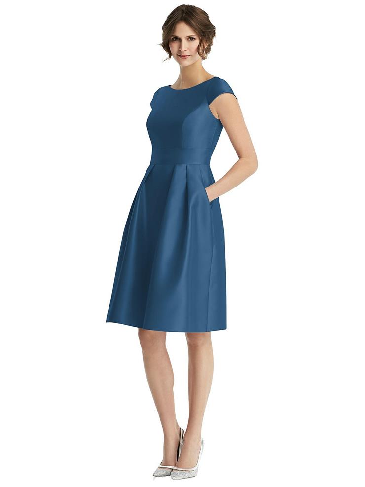 alfred sung cap sleeve pleated skirt dress with pockets Cap Sleeve Pleated Skirt Floral Satin Bridesmaid Dress With Pockets In Cottage Rose Larkspur