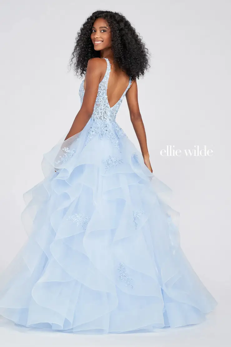 EW122080 Embroidered Lace Ball Gown w/ Semi-Sheer Details #1 Light Blue backface vertical picture