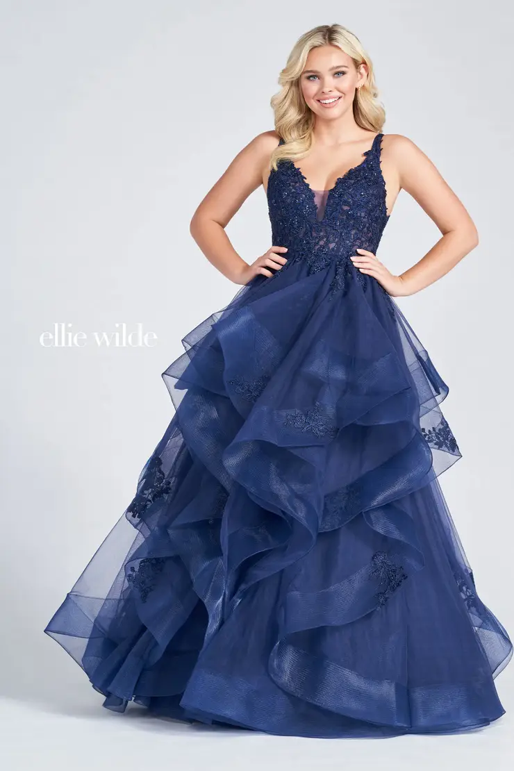 EW122080 Embroidered Lace Ball Gown w/ Semi-Sheer Details #5 Navy Blue frontface vertical picture
