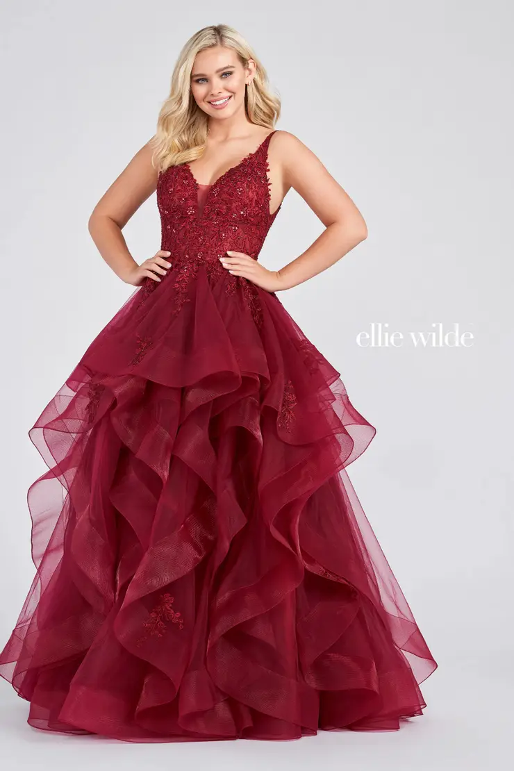 EW122080 Embroidered Lace Ball Gown w/ Semi-Sheer Details #4 Wine frontface vertical picture