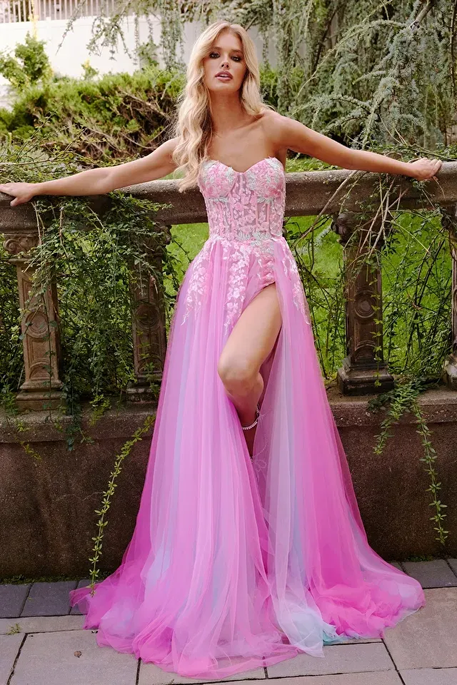 jovani dresses pink & gold Jovani 43144 Long Ruffle Ruched Formal Slit Prom Dress main image 1