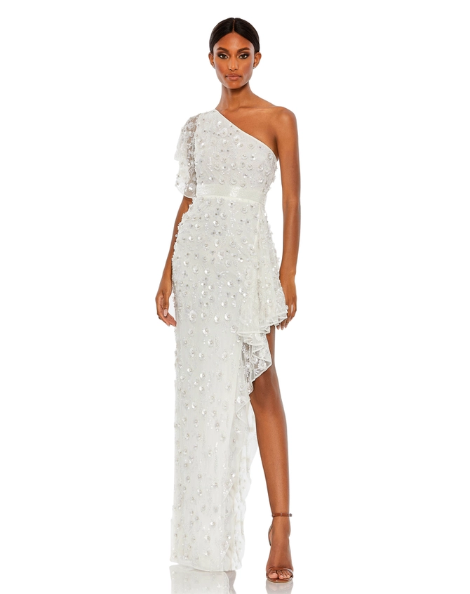 関税送料込【MAC DUGGAL】ロング ドレス フリンジ シルバー NWD MAC DUGGAL [ 10 ] 20593 Bow Front Ombre Fringe Detailed