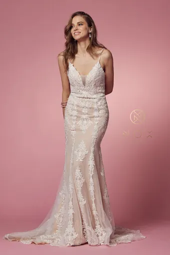 Nox Anabel H494  Elegant Fit-and-Flare Wedding Dress with Lace Overlay #7 vertical thumbnail
