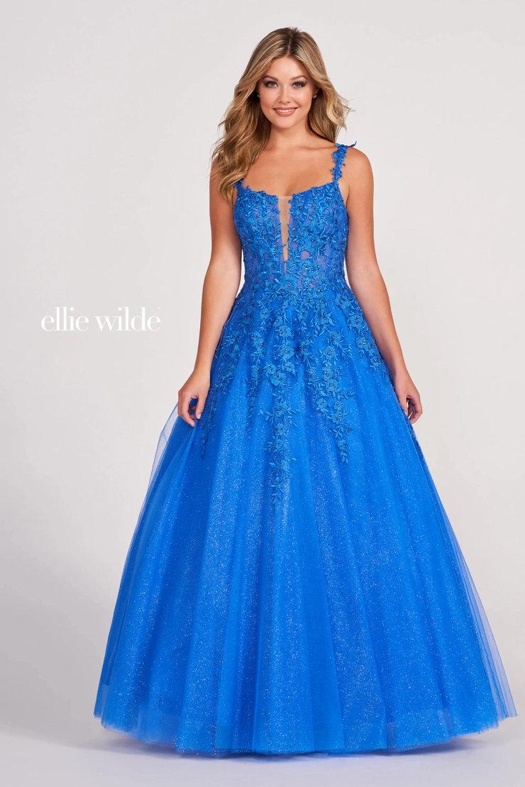 EW120014 Romantic A-line gown with plunging V-neckline and sheer lace bodice #9 Royal Blue frontface vertical picture