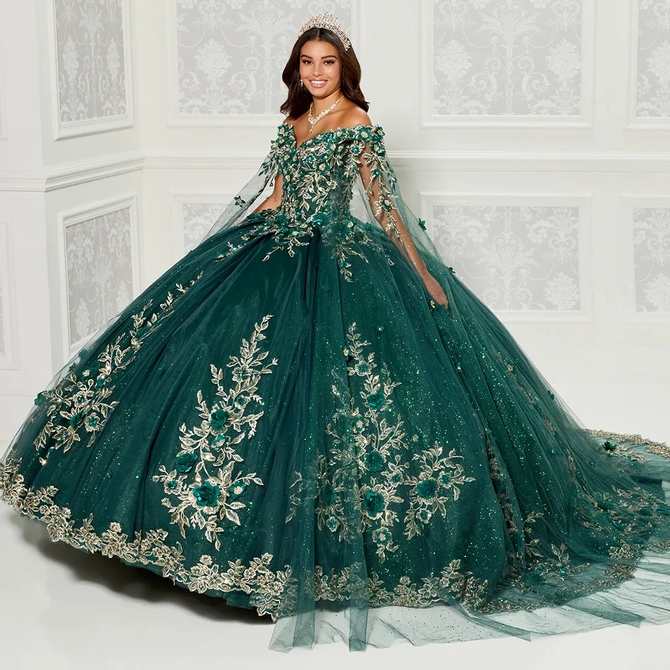 Floral Patterned Quinceañera Dress with Cape PR30114