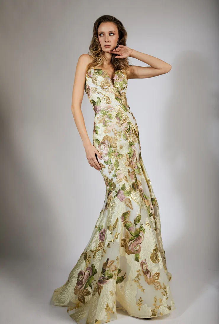 green emerald velvet dress Draped Satin Gown with Floral Appliqu Champagne / US 14