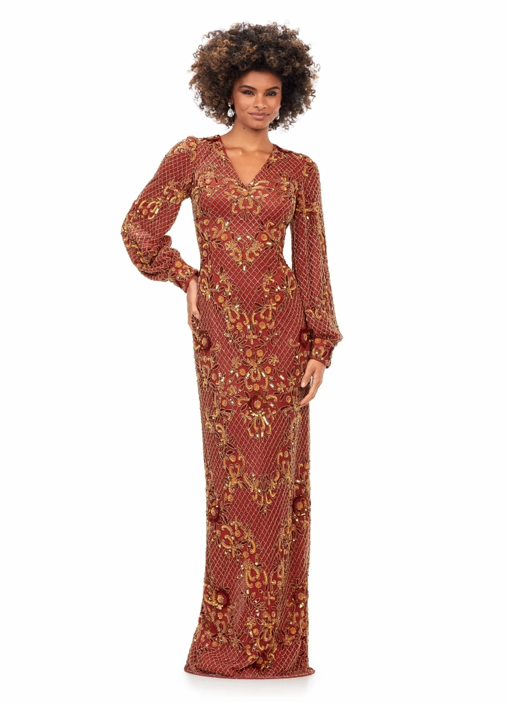 Ashley Lauren Style #11193 Beaded V-Neck Gown with Bishop Sleeves #1 frontface vertical picture