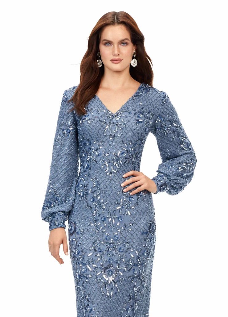 Ashley Lauren Style #11193 Beaded V-Neck Gown with Bishop Sleeves #17 vertical cropped picture