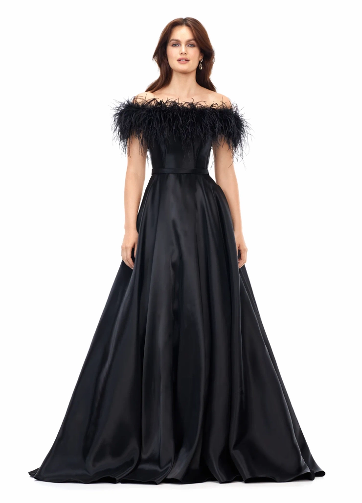 Ashley Lauren Style #11382 Off Shoulder Satin Gown with Feather Details #1 frontface vertical picture