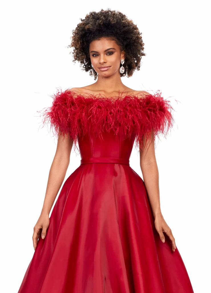 Ashley Lauren Style #11382 Off Shoulder Satin Gown with Feather Details #5 vertical cropped picture