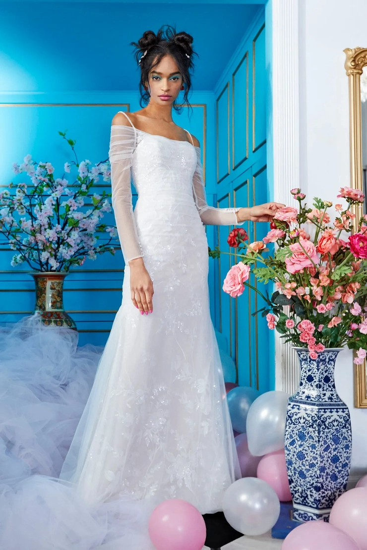 ines di santo blue dress Strapless FitandFlare Gown With Lace Appliqus