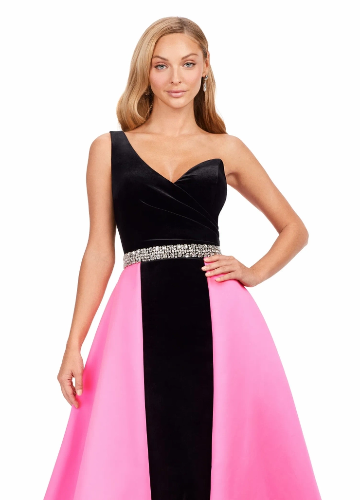Ashley Lauren Style #11265 Velvet One Shoulder Gown with Heavy Satin Overskirt #2 frontface vertical cropped picture