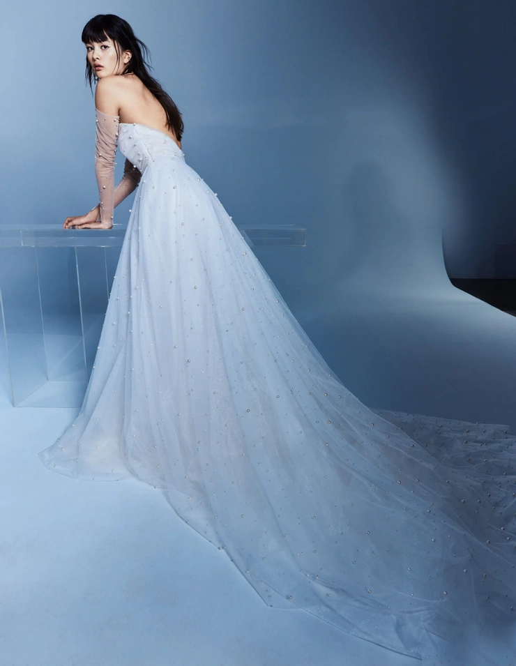 Strapless airy ballgown with draped bodice in scattered pearl
