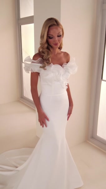 Off-the-Shoulder Fit & Flare Wedding Dress Style No. E2535 $1 autoplay loop mute thumbnail
